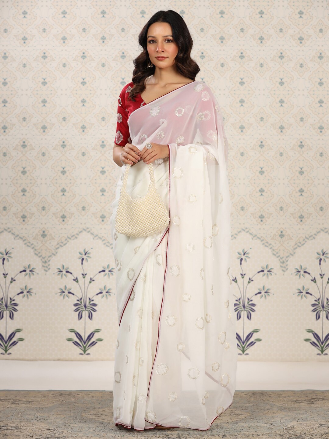 

Ode by House of Pataudi Sequinned Poly Georgette Designer Saree, White