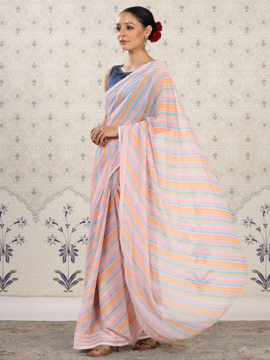 Ode by House of Pataudi Floral Poly Georgette Designer Saree, Pink