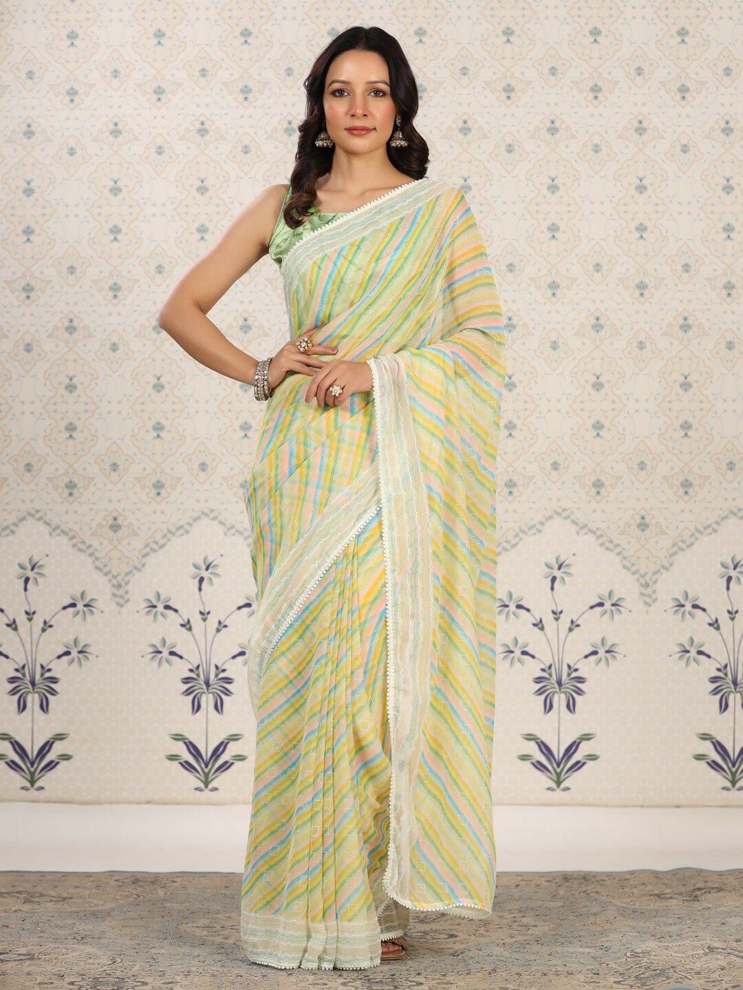 Ode by House of Pataudi Floral Poly Georgette Designer Saree, Green