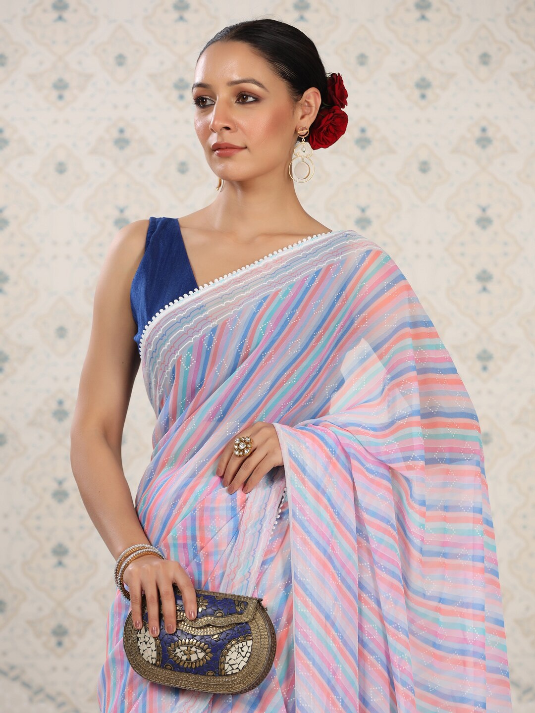 

Ode by House of Pataudi Floral Poly Georgette Designer Saree, Pink