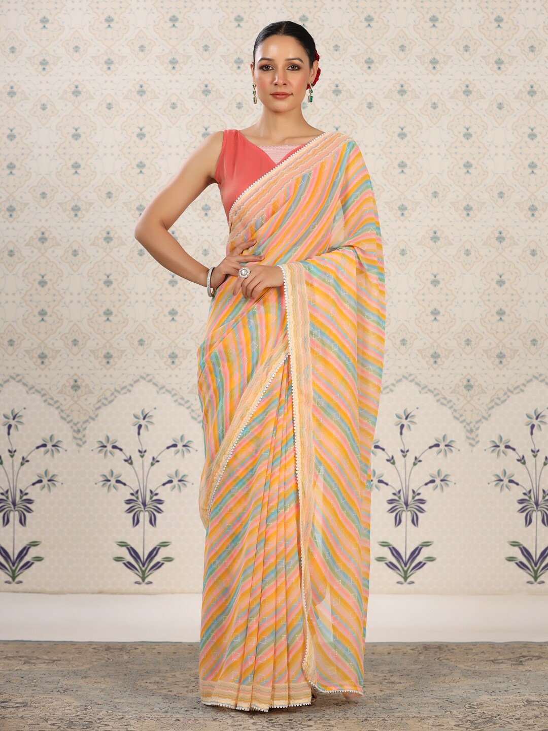 

Ode by House of Pataudi Floral Poly Georgette Designer Saree, Peach