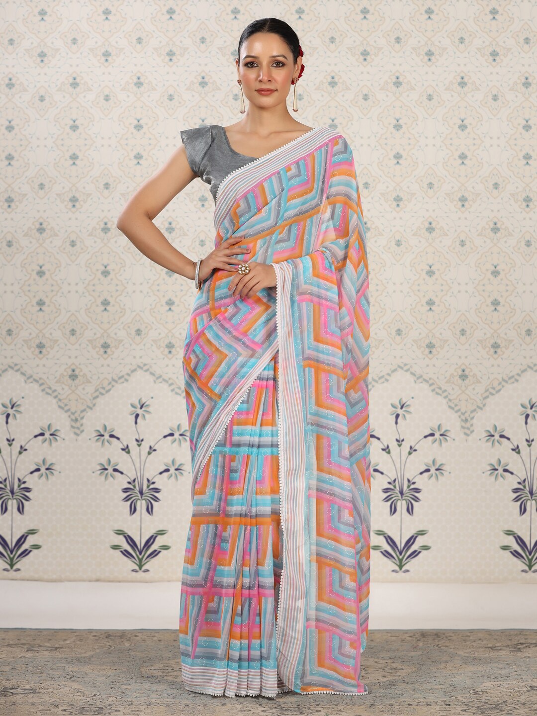 

Ode by House of Pataudi Floral Poly Georgette Designer Saree, Pink