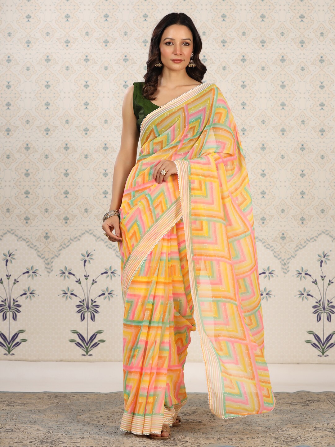Ode by House of Pataudi Floral Poly Georgette Designer Saree, Yellow