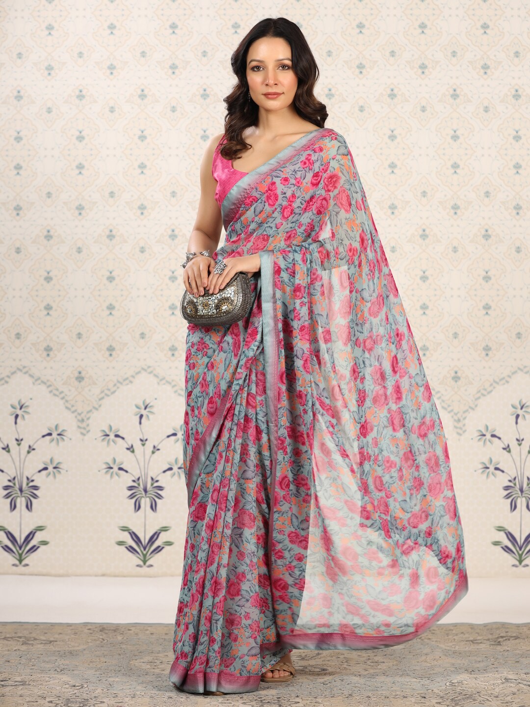 

Ode by House of Pataudi Floral Poly Georgette Designer Saree, Grey