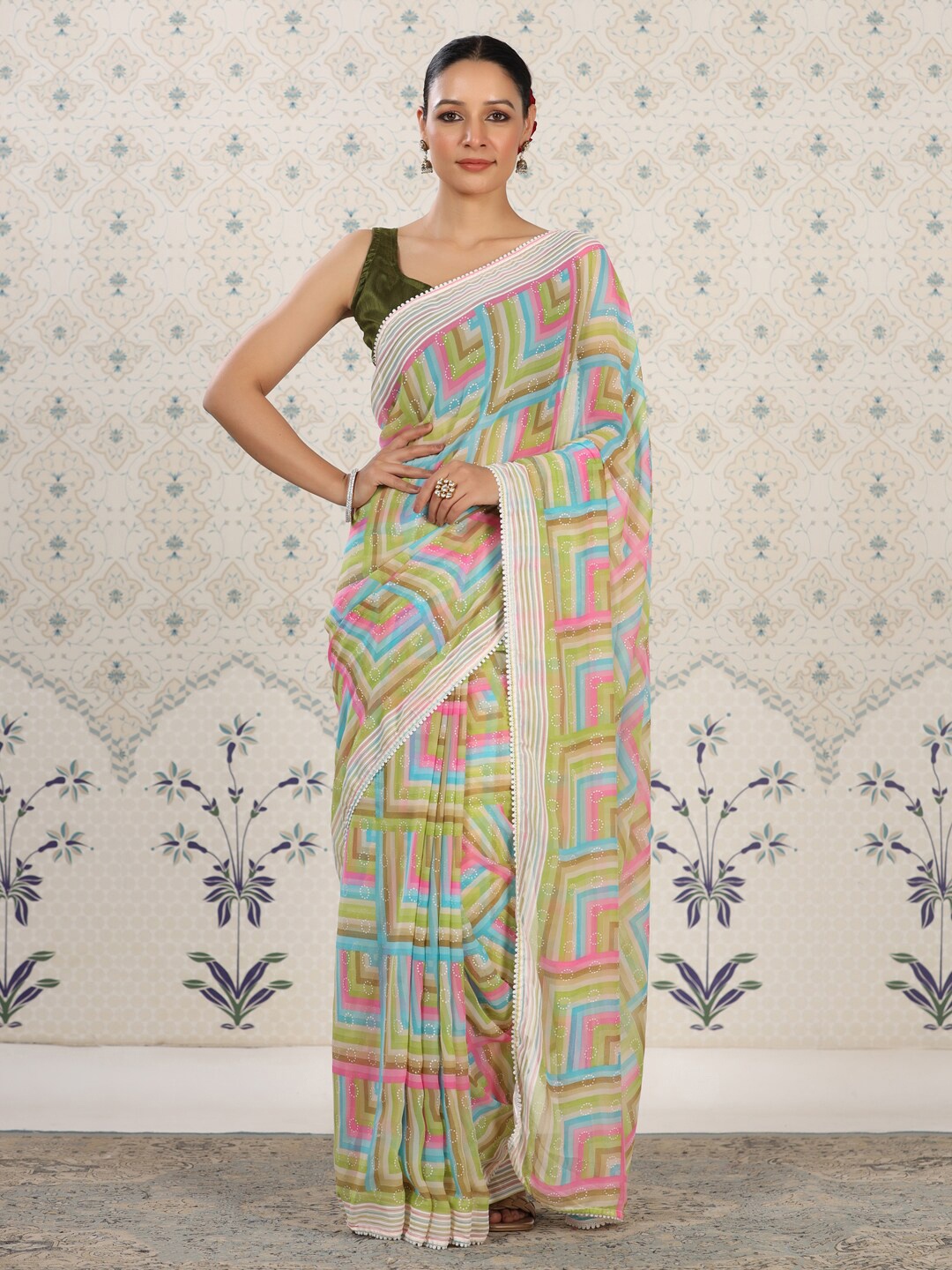 

Ode by House of Pataudi Floral Poly Georgette Designer Saree, Green