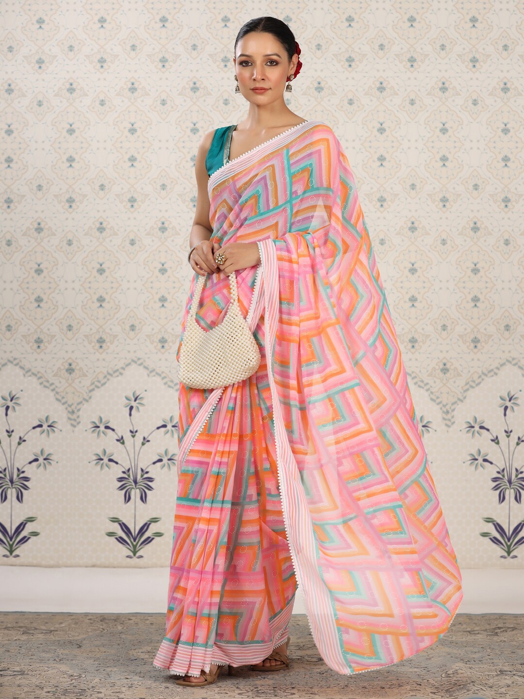 

Ode by House of Pataudi Floral Poly Georgette Designer Saree, Pink