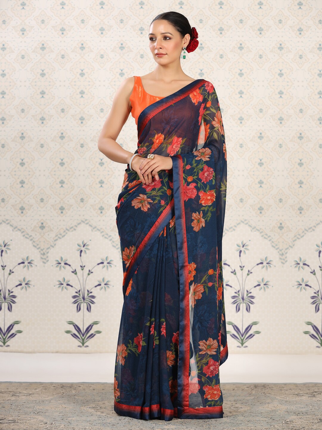 

Ode by House of Pataudi Floral Poly Georgette Designer Saree, Navy blue