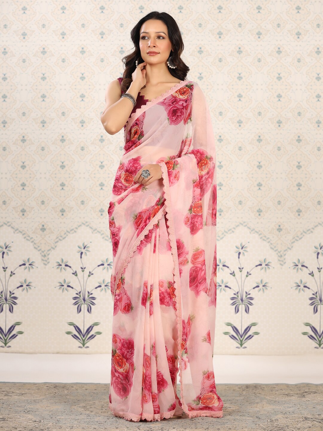 

Ode by House of Pataudi Floral Poly Georgette Designer Saree, Pink
