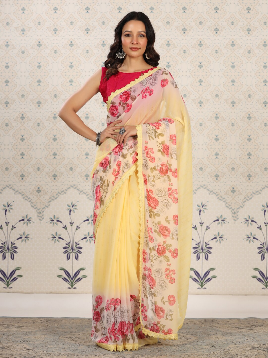 

Ode by House of Pataudi Floral Poly Georgette Designer Saree, Yellow