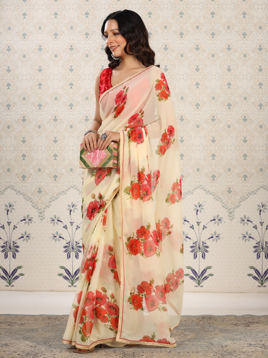 

Ode by House of Pataudi Floral Poly Georgette Designer Saree, Cream