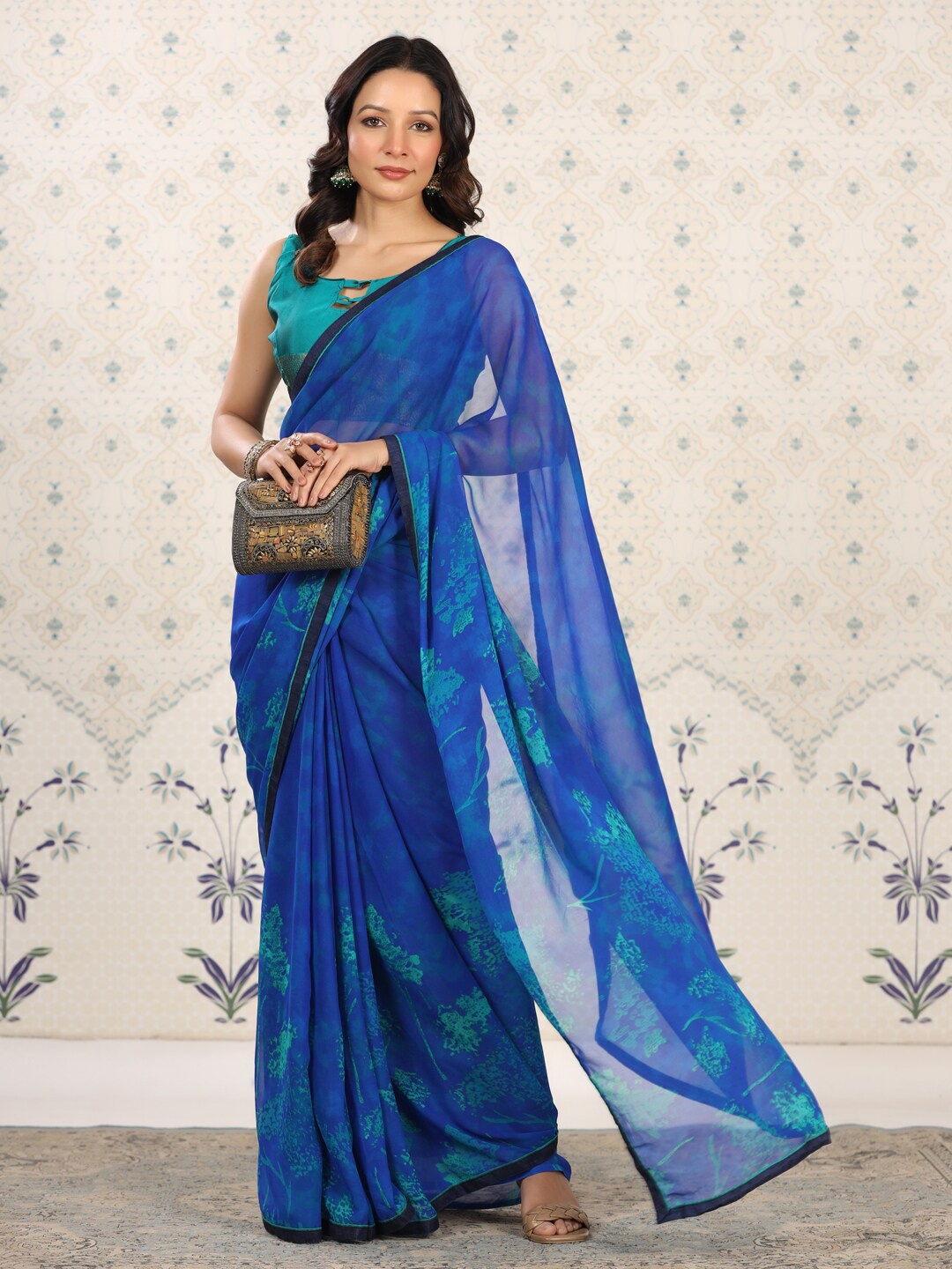 Ode by House of Pataudi Floral Poly Georgette Designer Saree, Blue