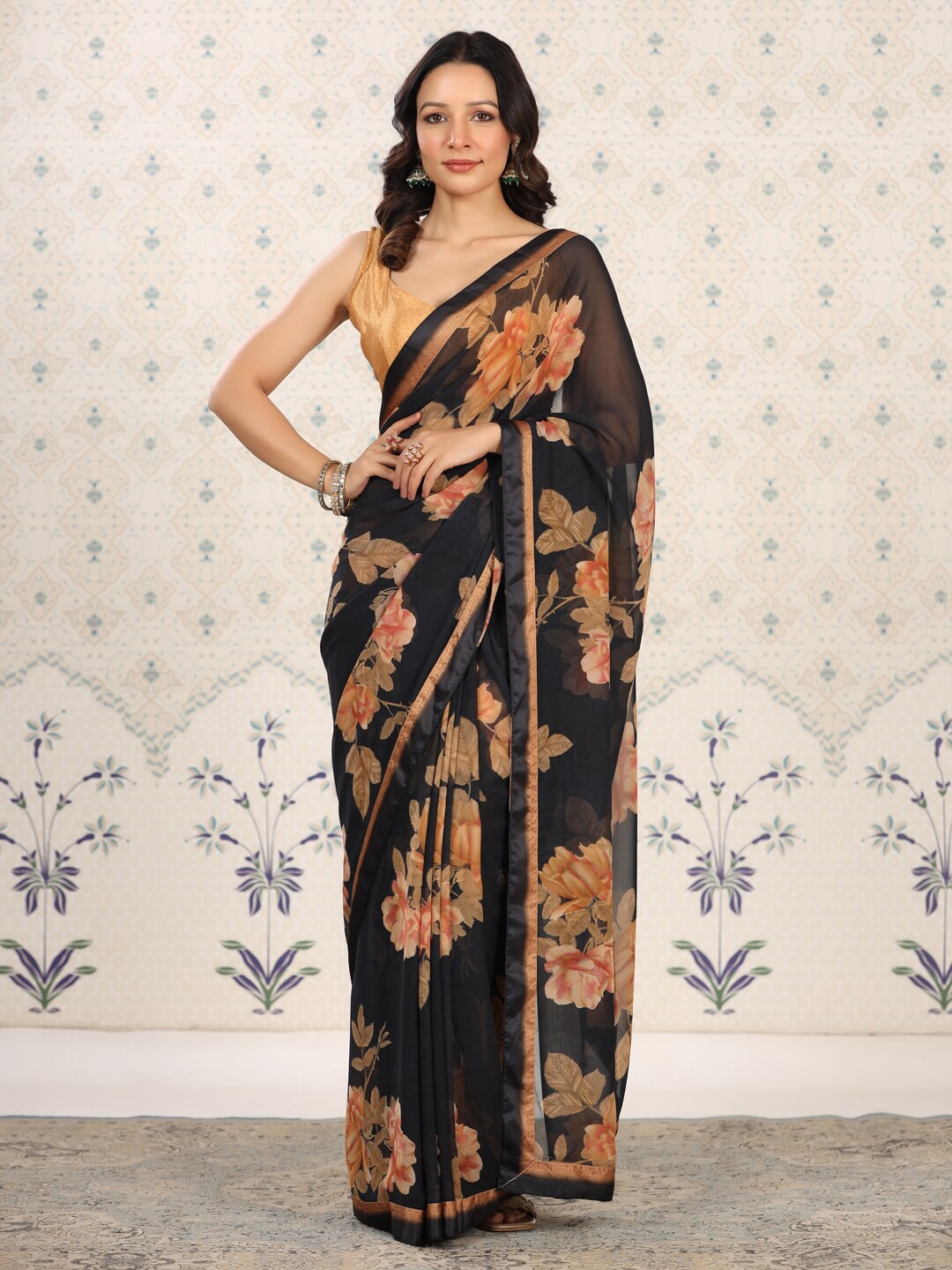 

Ode by House of Pataudi Floral Poly Georgette Designer Saree, Black
