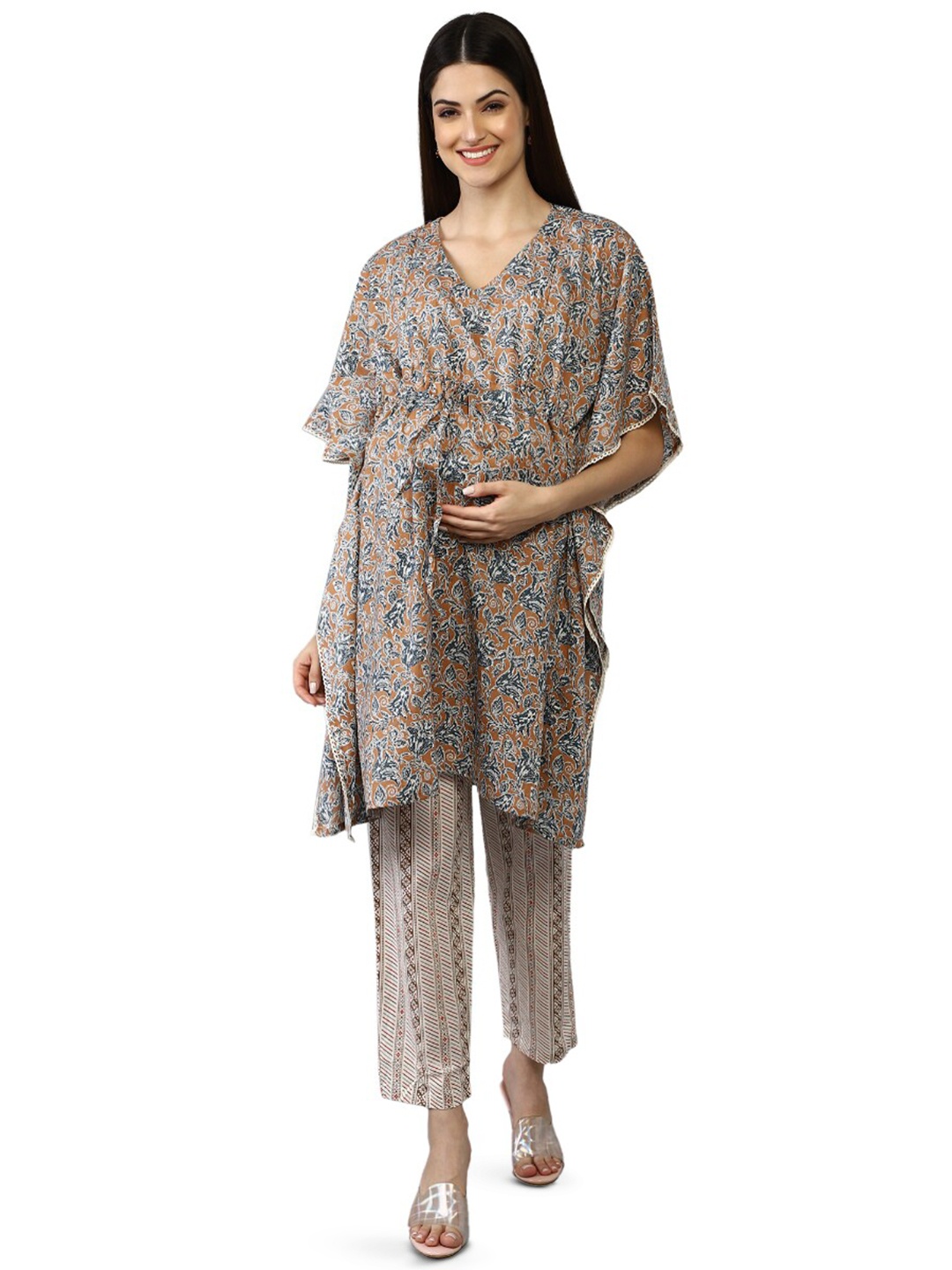 

House Of Zelena Floral Printed V-Neck Pure Cotton Kaftan Maternity Kurta, Brown