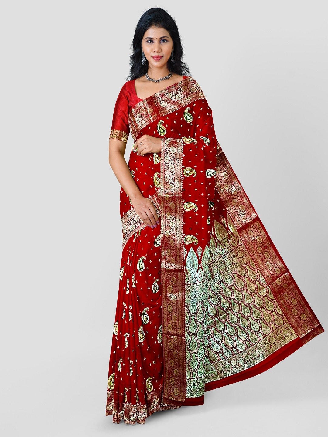 

Shopeezy Tex Fab Ethnic Motifs Woven Design Zari Silk Cotton Banarasi Saree, Red
