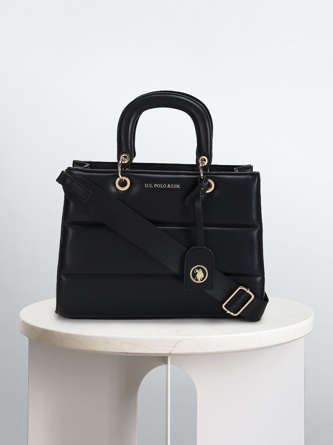 

U.S. Polo Assn. Women PU Quilted Structured Handheld Bag, Black