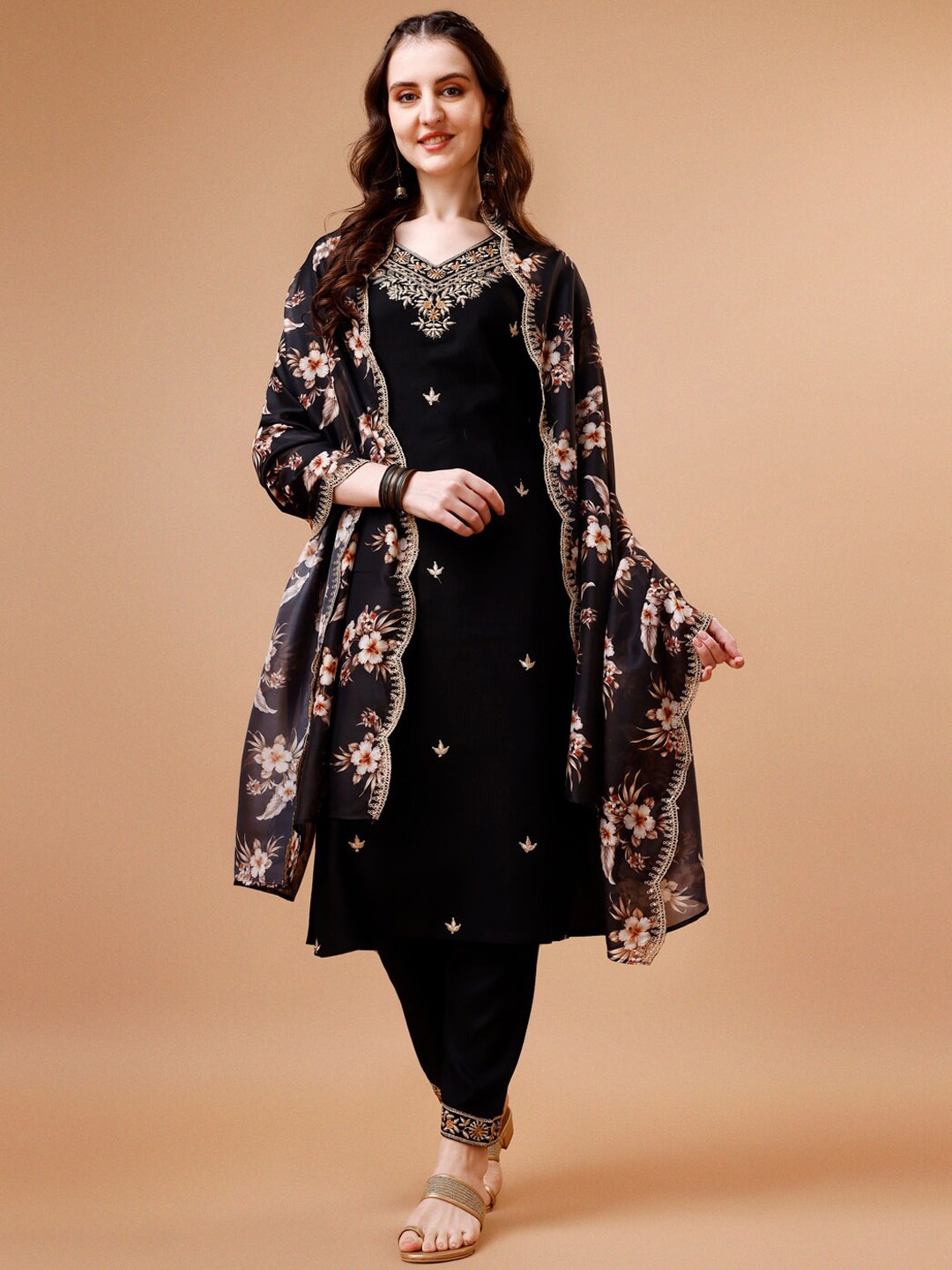 

KALINI Floral Embroidered Regular Kurta With Trousers & Dupatta, Black