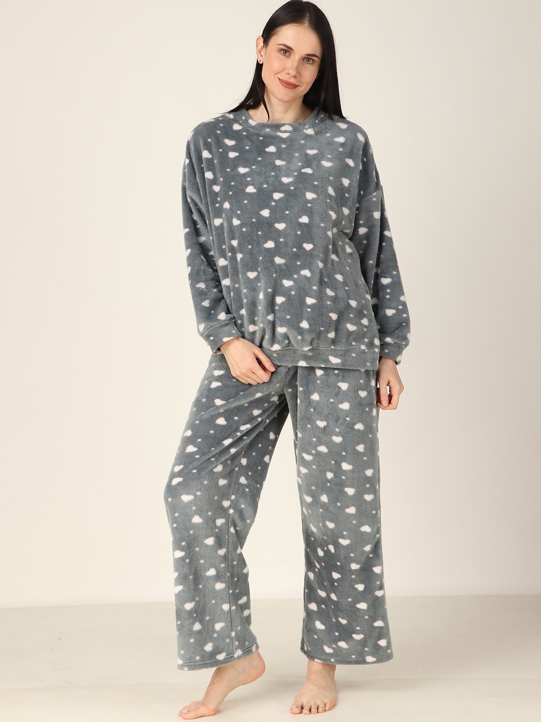 Masha Conversational Printed Pure Wool Night suit, Grey