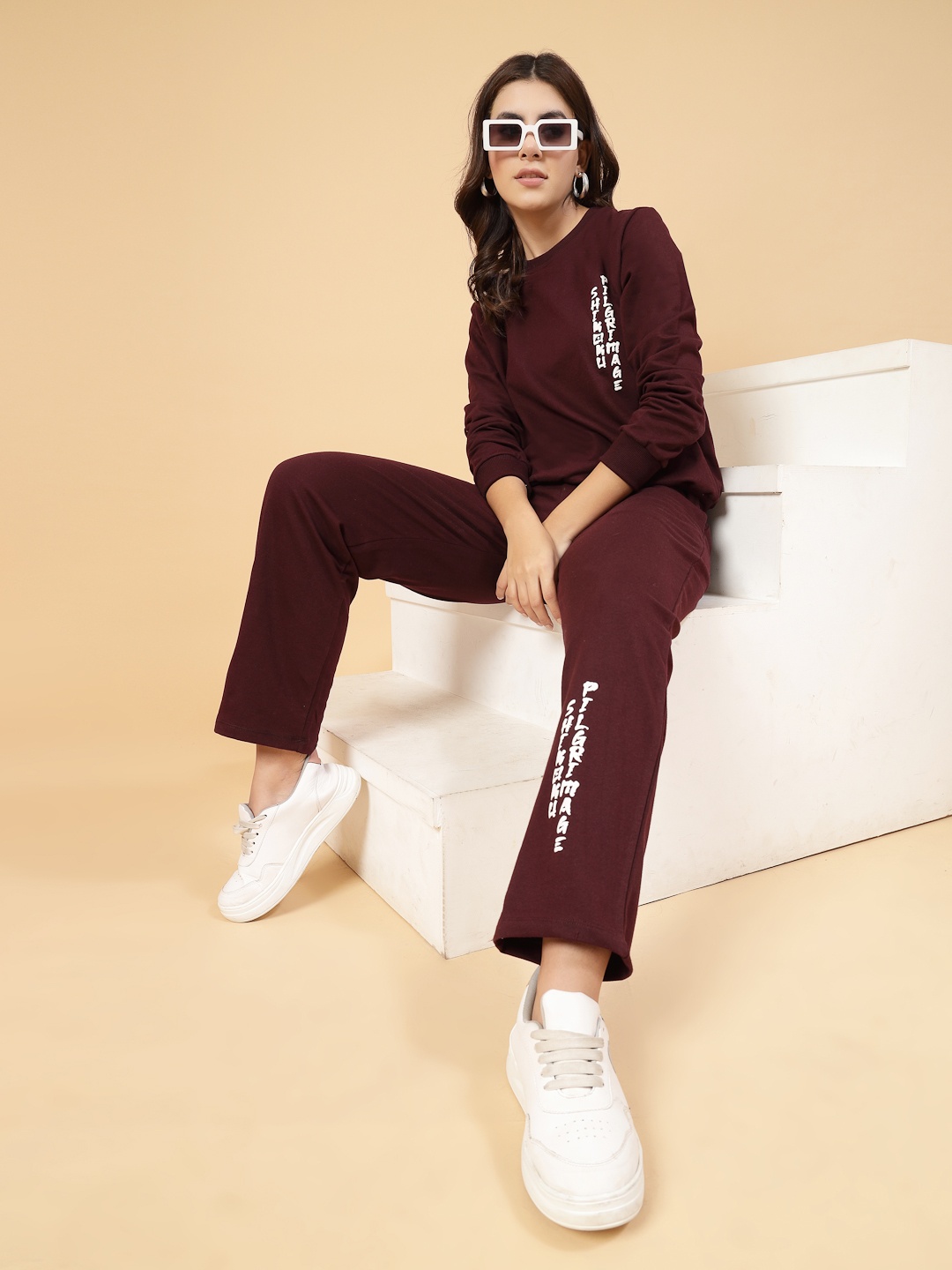Rigo Plus Size Terry Hoodie Sweatshirt with Trousers co-ords Set, Maroon