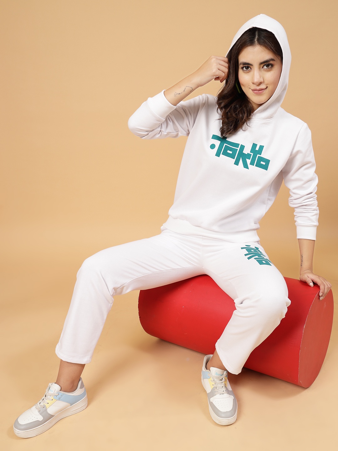 

Rigo Printed Plus Size Terry Hoodie Sweatshirt with Trousers co-ords Set, White