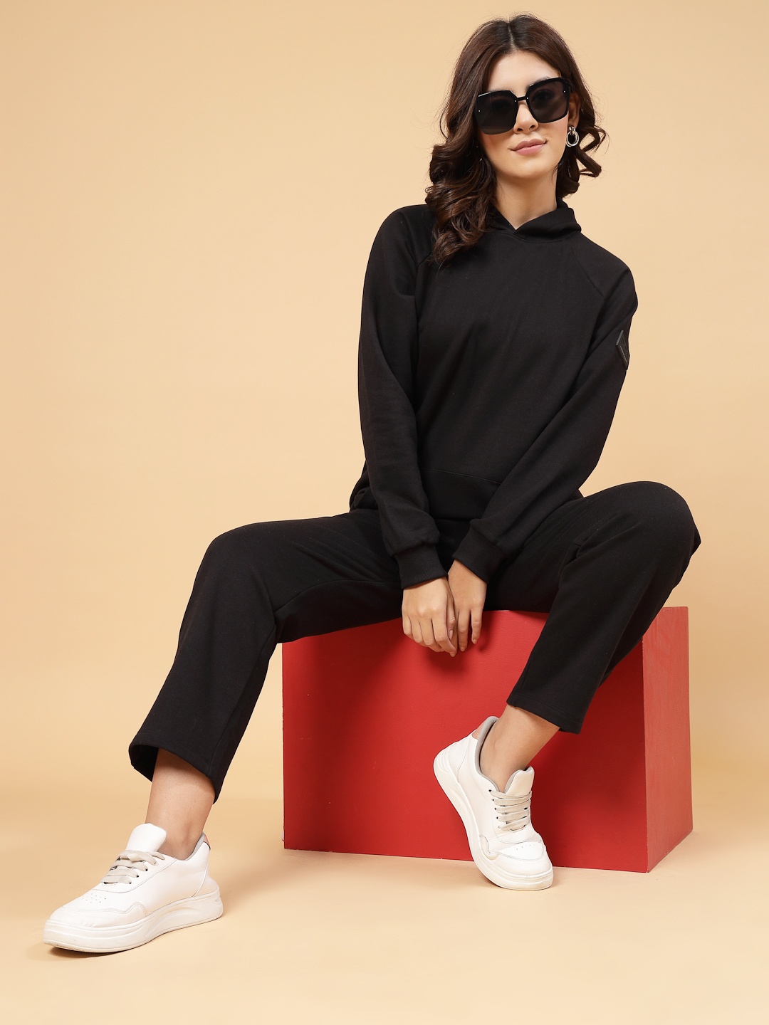 

Rigo Plus Size Terry Hoodie Sweatshirt with Trousers co-ords Set, Black