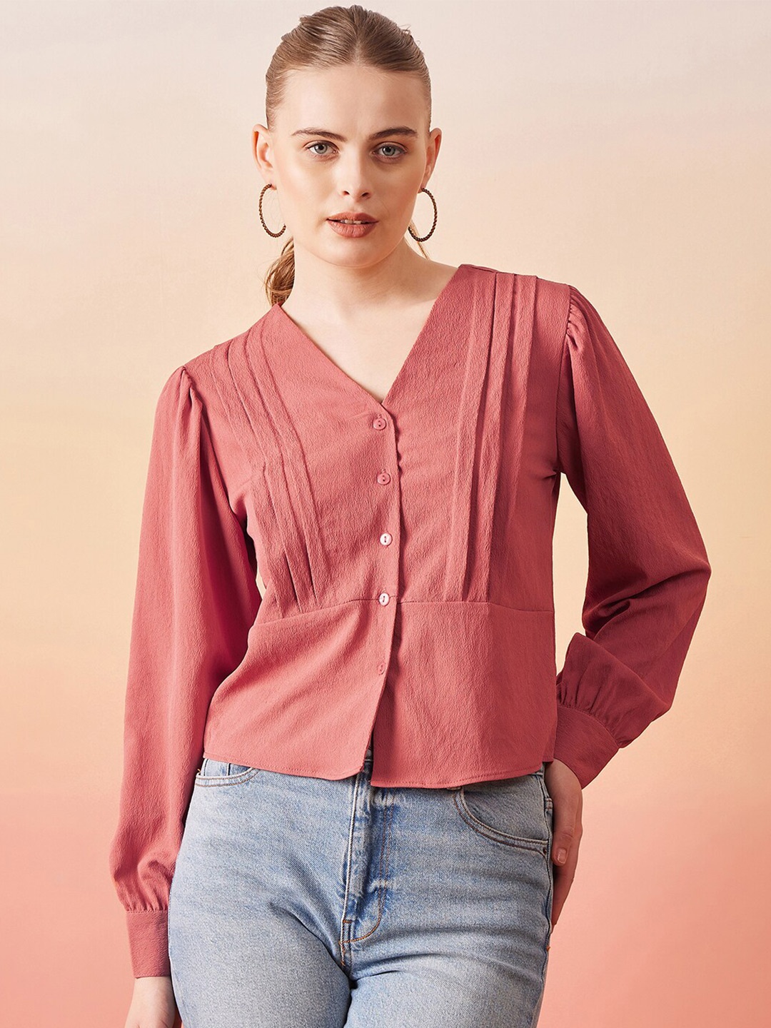 

Carlton London V-Neck Cuffed Sleeves Pleated Top, Pink