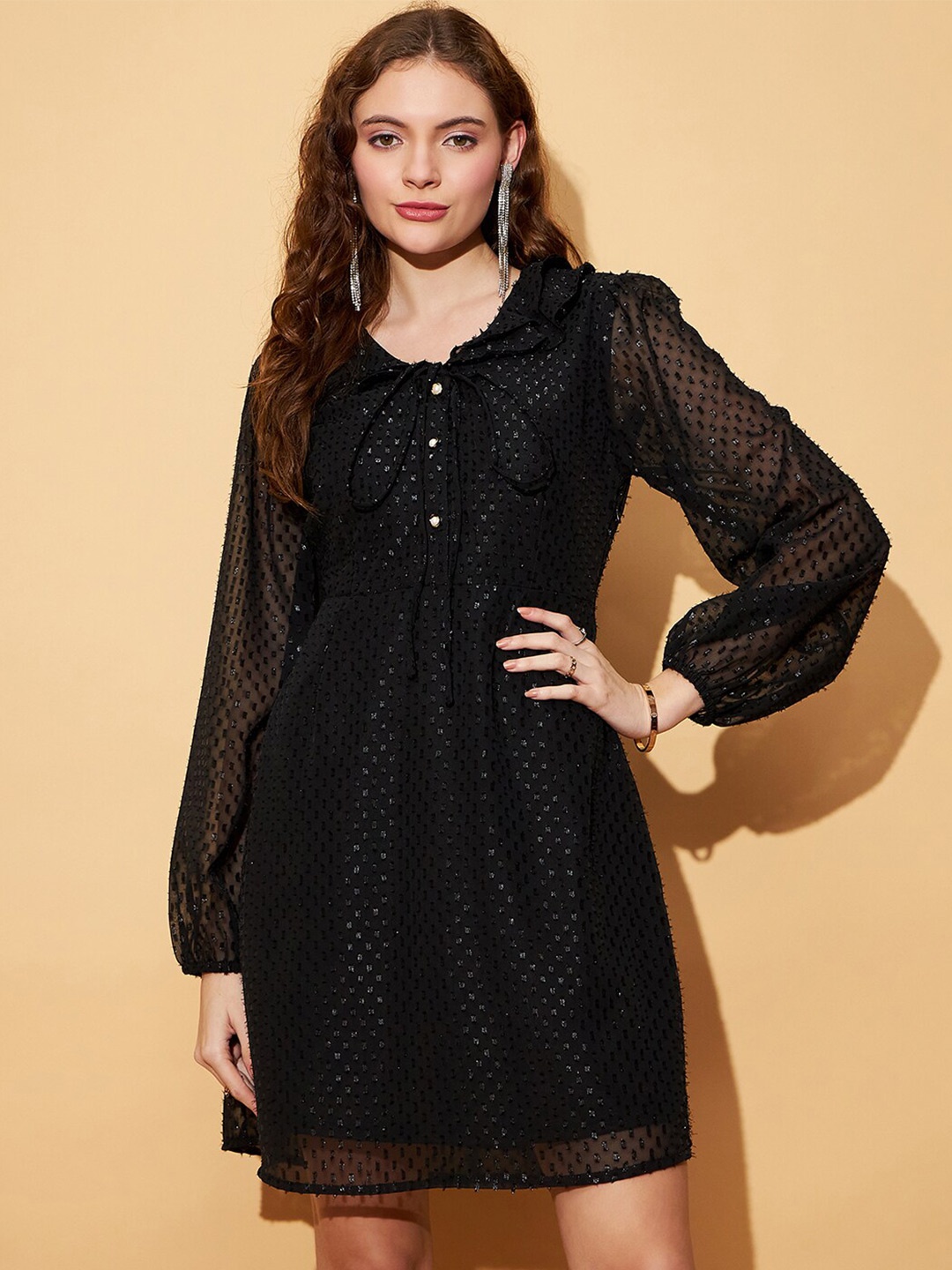 

Carlton London Self Design Tie-Up Neck Puff Sleeve Gathered A-Line Dress, Black