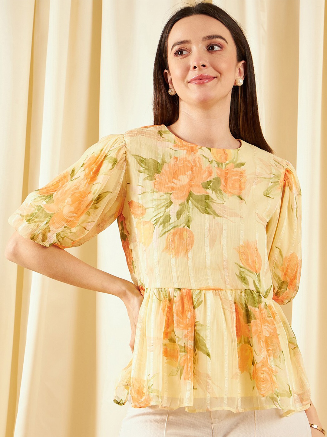 

Carlton London Floral Printed Puff Sleeves Chiffon Peplum Top, Yellow