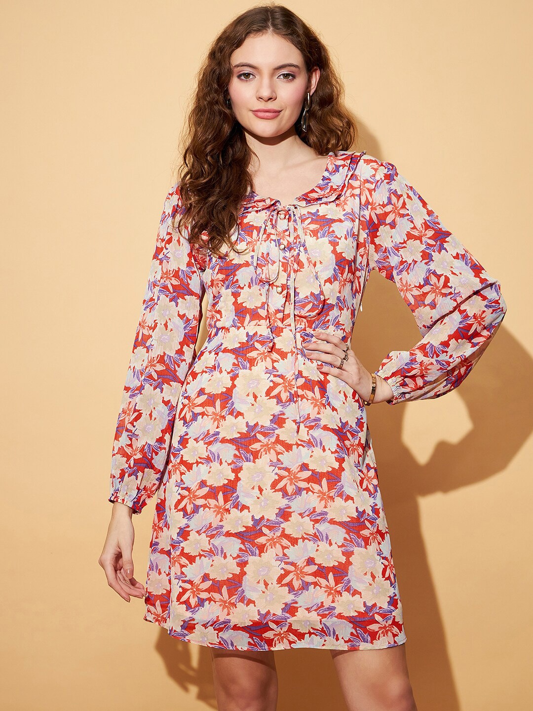 

Carlton London Floral Printed Tie-Up Neck Puff Sleeve Gathered A-Line Dress, Beige