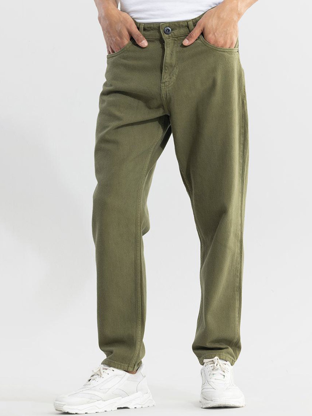 

Snitch Men Olive Green Wide Leg Mid-Rise Coloured Shade Clean Look Cotton Jeans