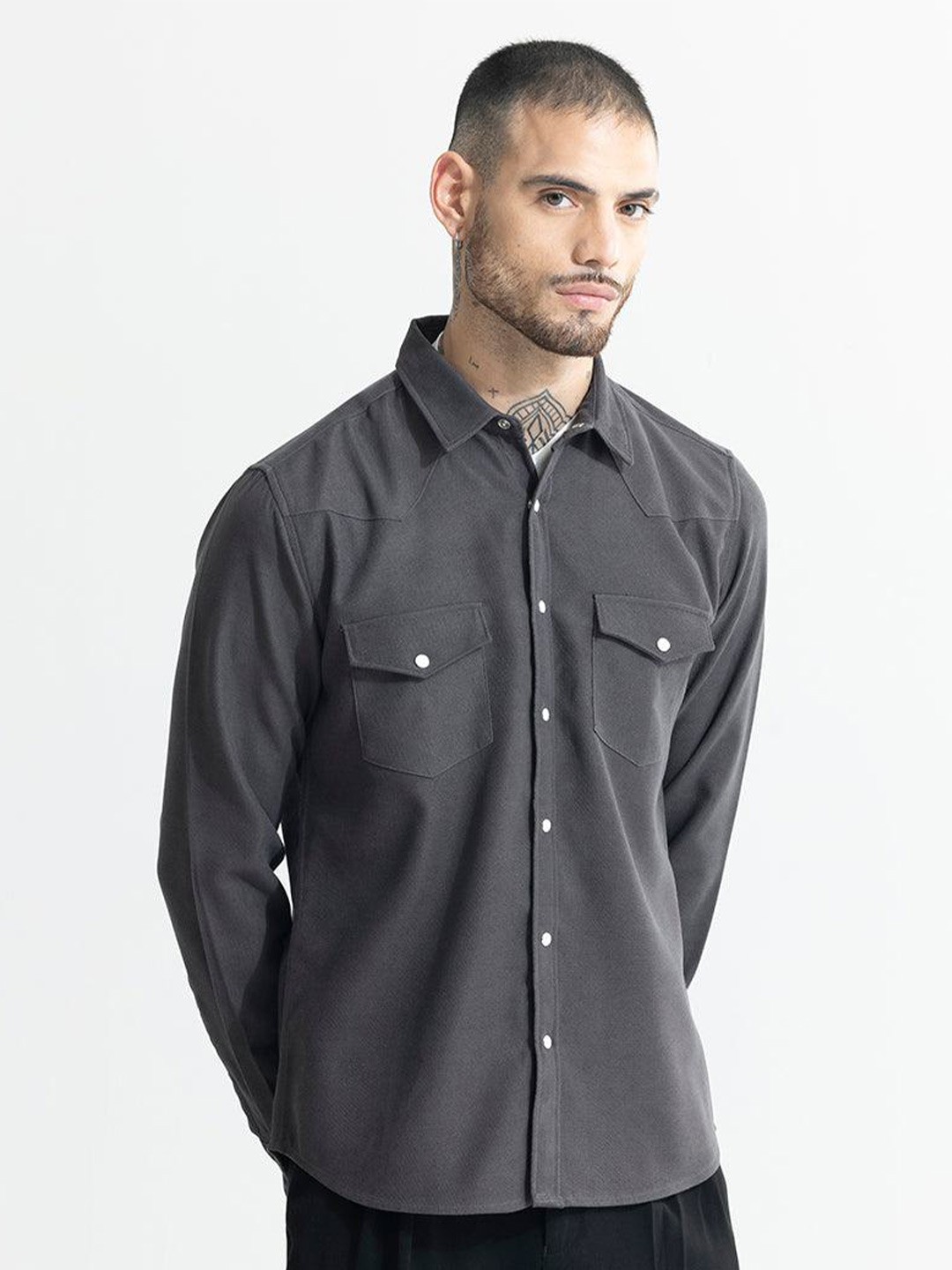 

Snitch Grey Classic Slim Fit Cotton Shacket