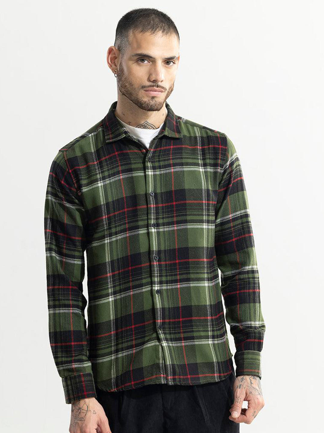 

Snitch Green Classic Slim Fit Checked Cotton Shacket
