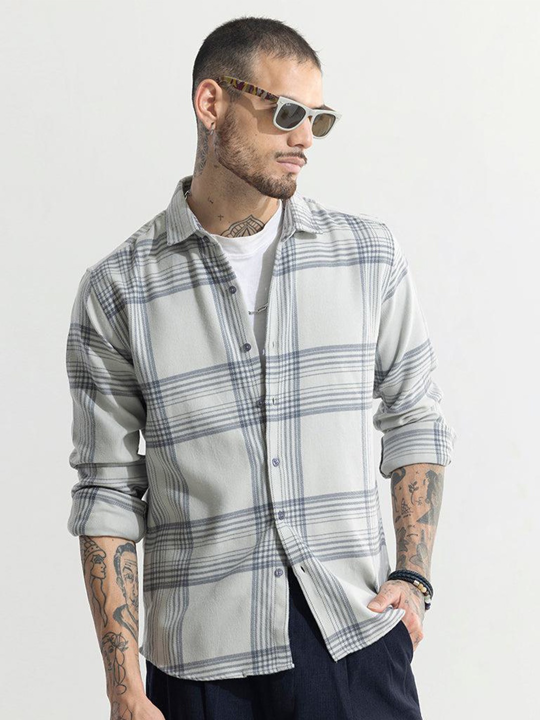 

Snitch Grey Classic Slim Fit Checked Cotton Shacket