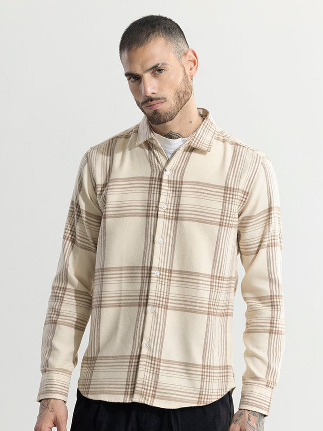 

Snitch Brown Classic Slim Fit Tartan Checked Cotton Shacket