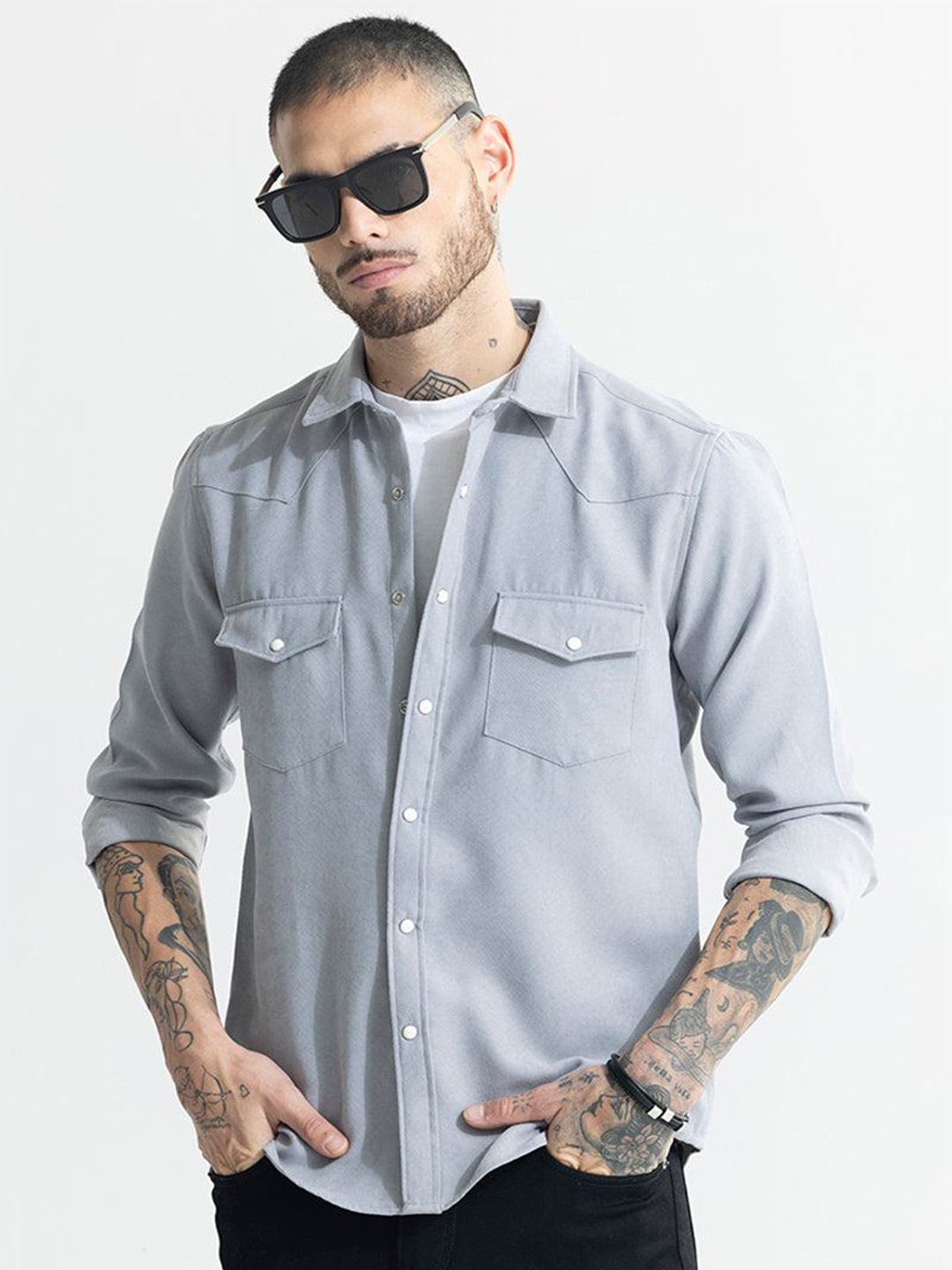 

Snitch Grey Classic Slim Fit Cotton Shacket