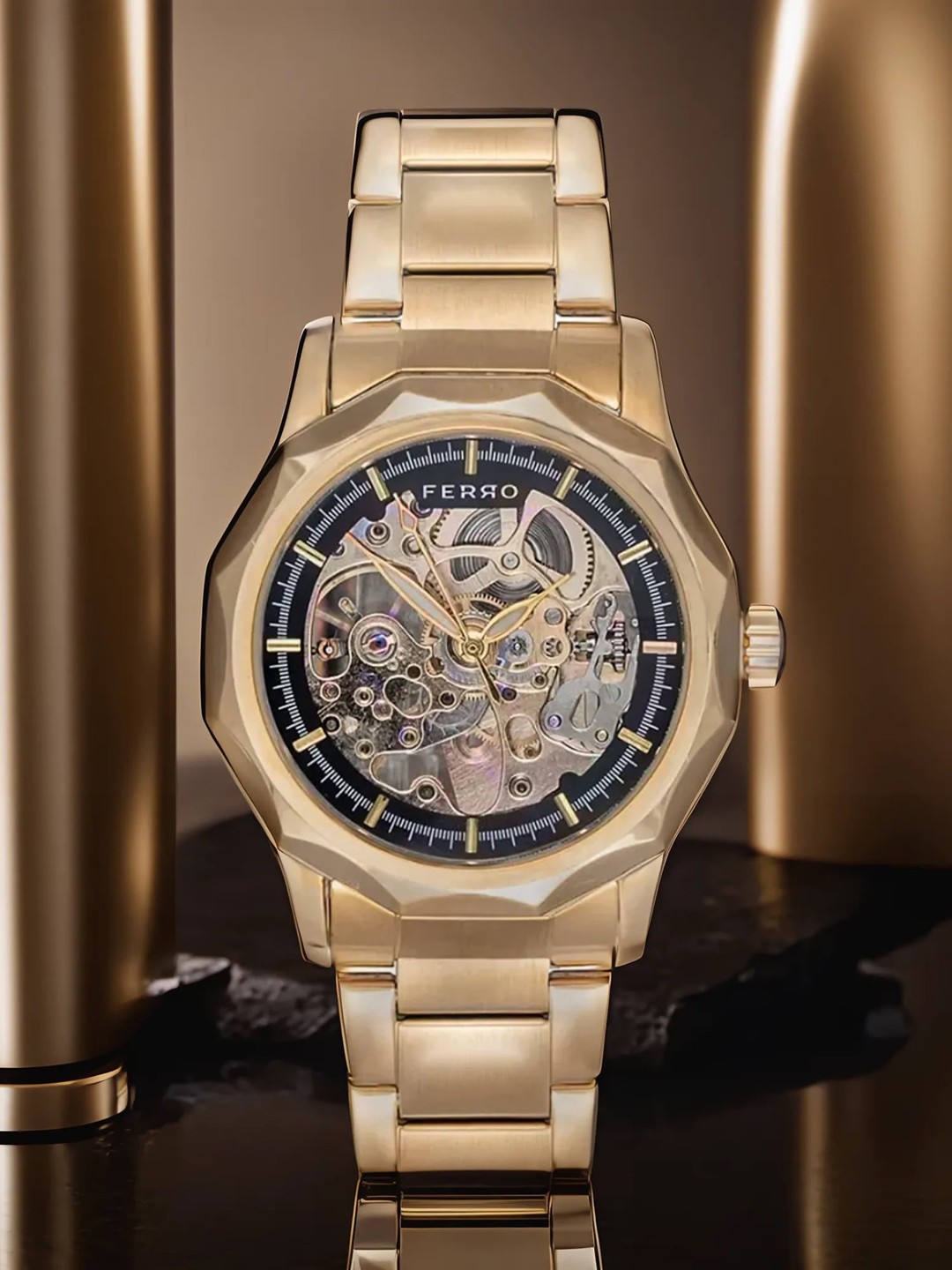 

Ferro Men Skeleton Dial & Bracelet Style Straps Analogue Glow in the Watch FM-BIZ006, Black