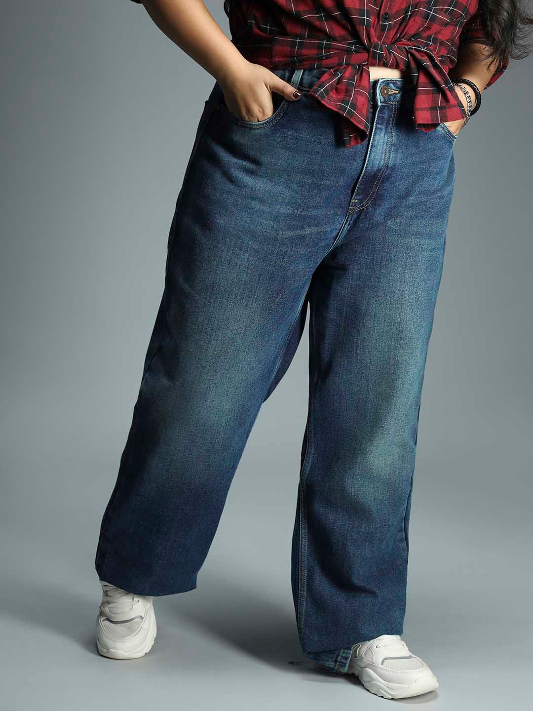 

Freeform by High Star Women Plus Size 90's Straight High-Rise Pure Cotton Jeans, Blue