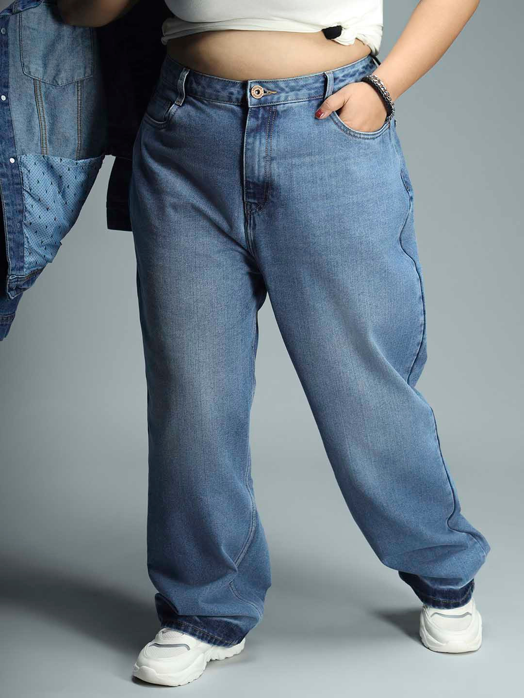 

Freeform by High Star Women Plus Size 90's Straight High-Rise Pure Cotton Jeans, Blue