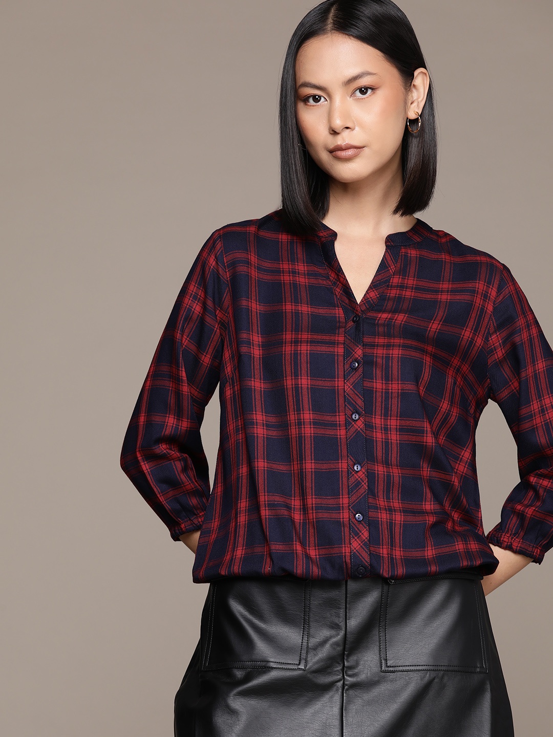 

Roadster Checked Mandarin Collar Puff Sleeves Shirt Style Top, Navy blue