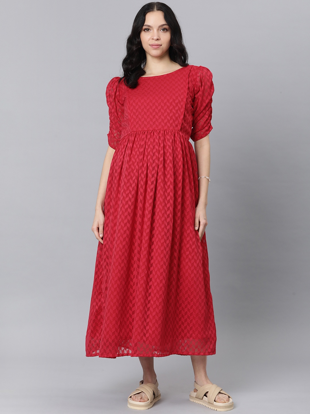 

Swishchick Printed Puff Sleeve Georgette Maternity A-Line Maxi Dress, Red