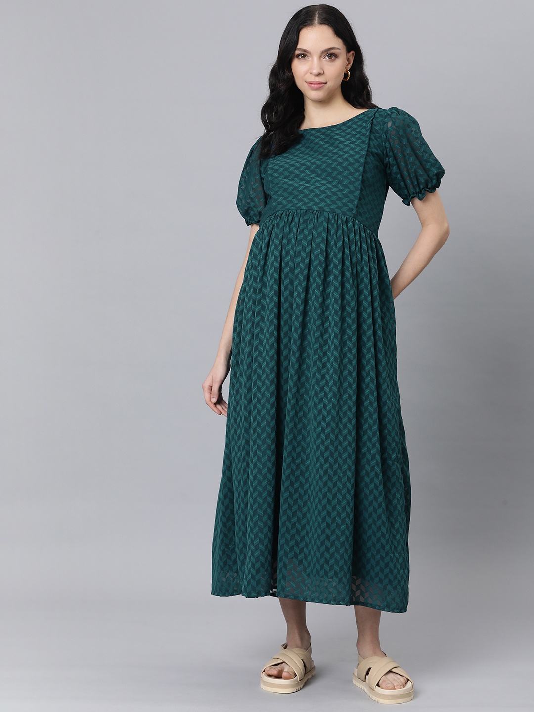 

Swishchick Printed Puff Sleeve Georgette Maternity A-Line Maxi Dress, Teal