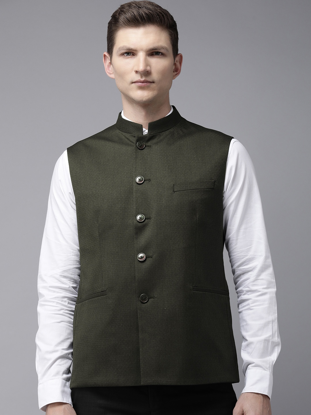 

Van Heusen Men Woven Design Reversible Nehru Jacket, Olive
