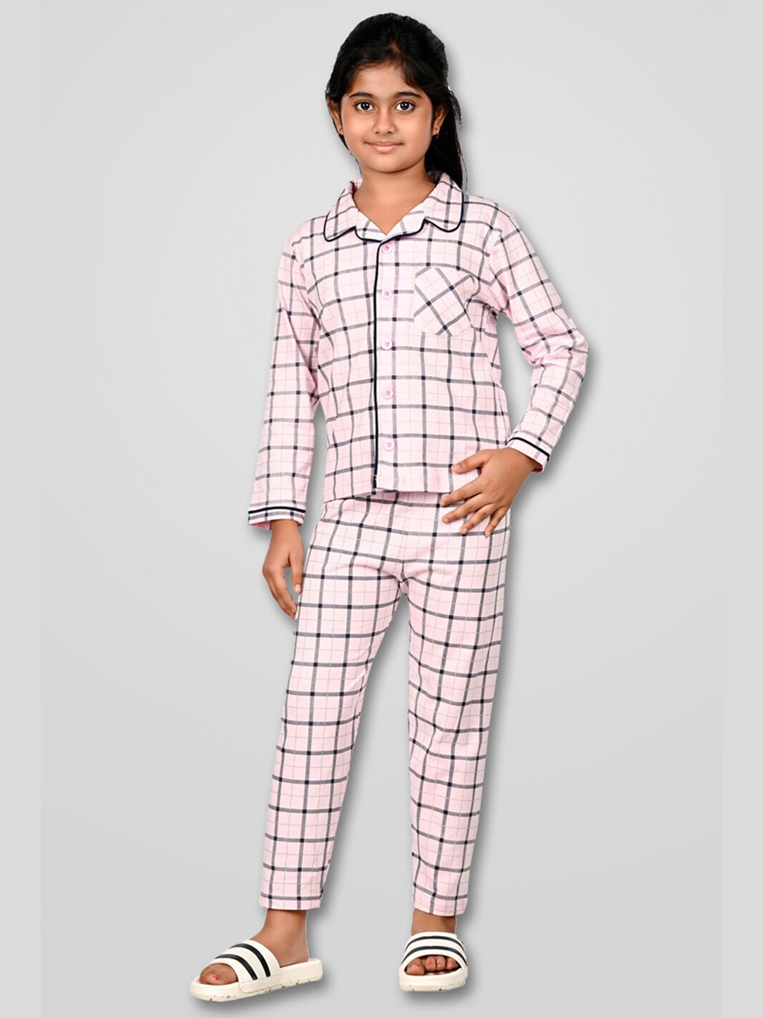 

DENIKID Girls Checked Lapel Collar Pure Cotton Night Suit, Pink