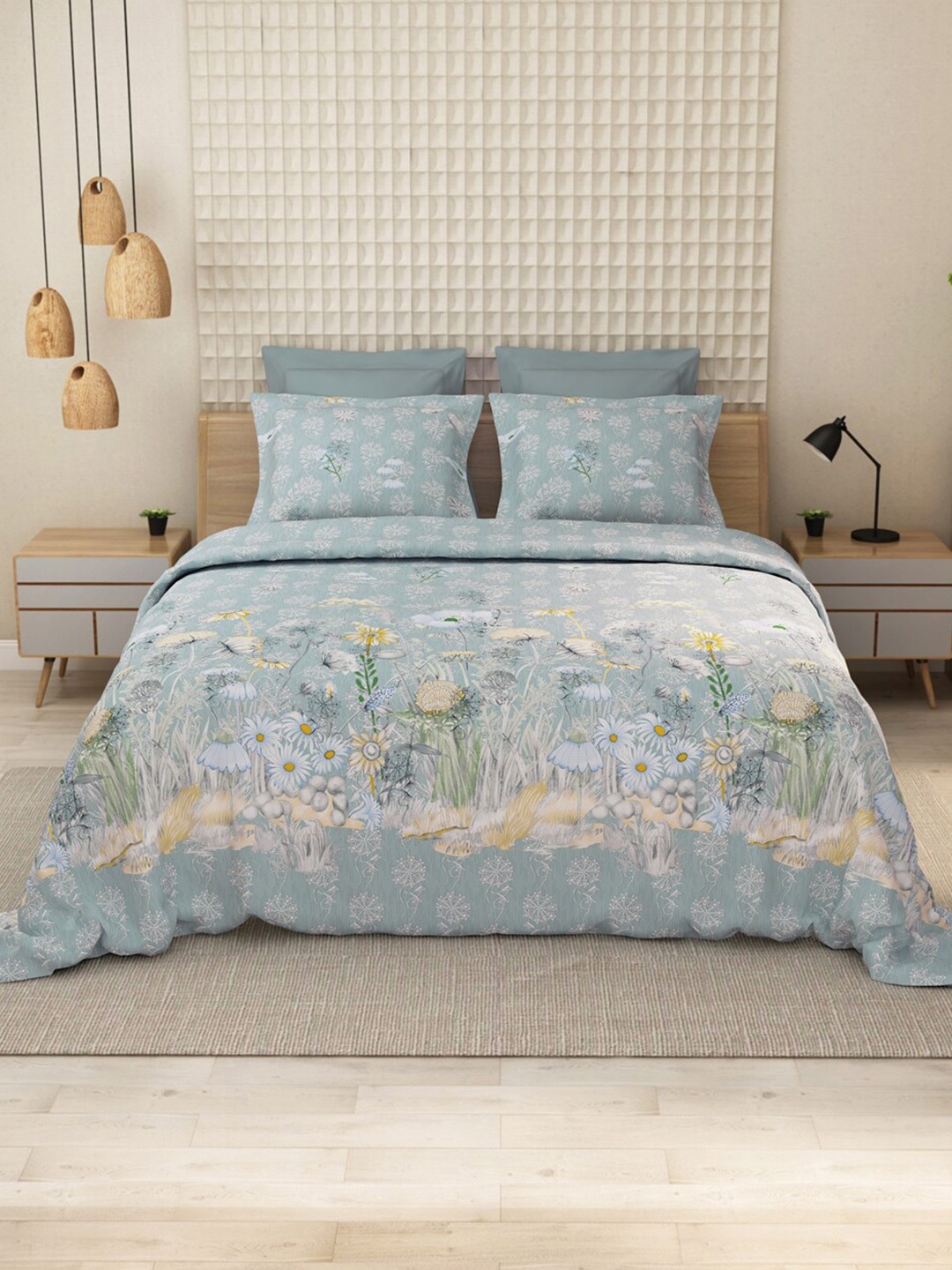

LABHAM Everyday Green Geometric 144 TC King Bedsheet with 2 Pillow Covers