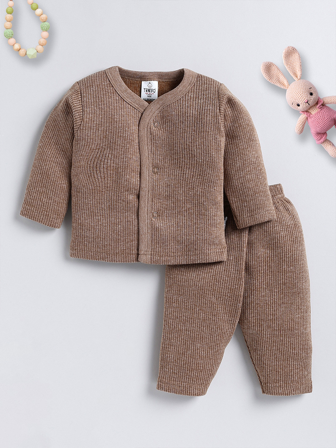 

Moms Love Unisex Kids Beige Striped Cotton Cardigan With Trousers