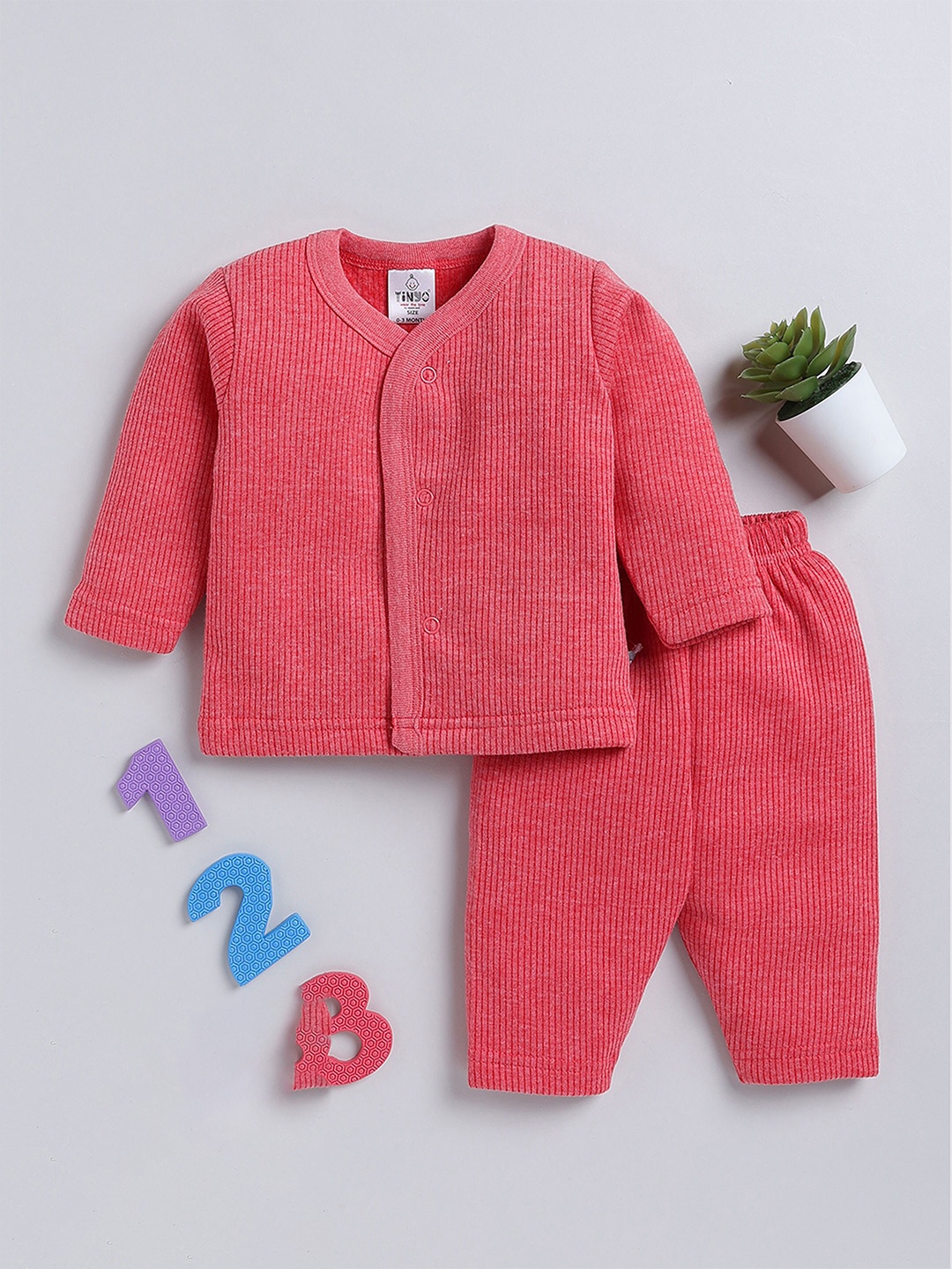

Moms Love Unisex Kids Beige Striped Organic Cotton Cardigan With Trousers, Red