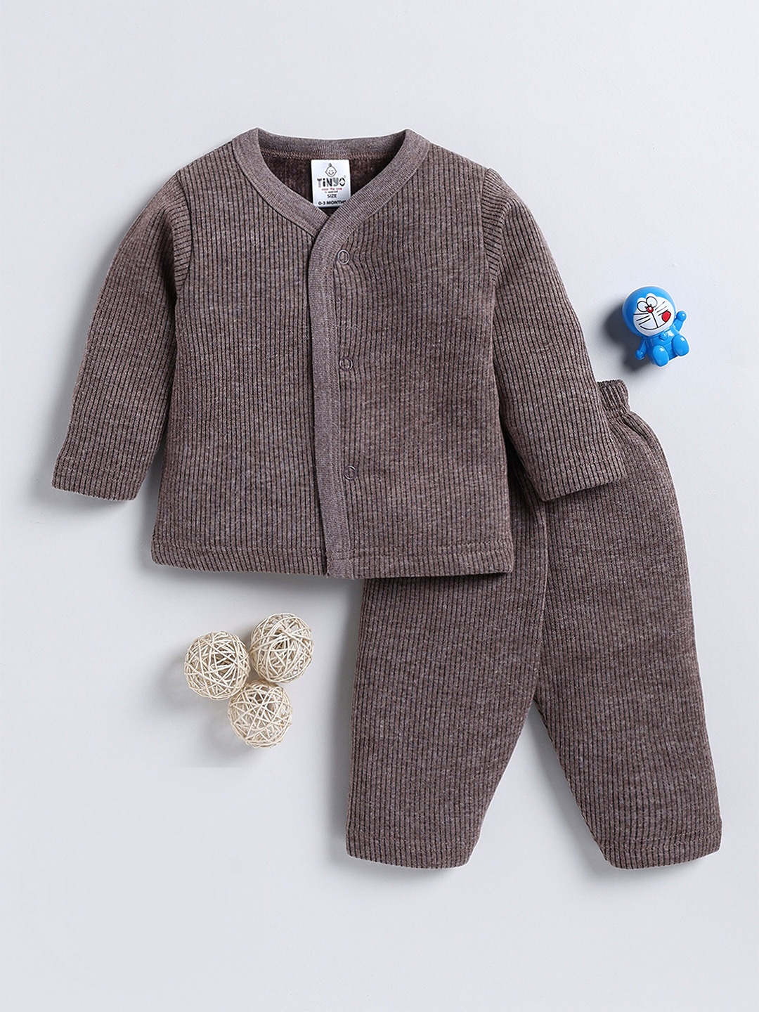 

Moms Love Unisex Kids Beige Striped Cotton Cardigan With Trousers, Brown