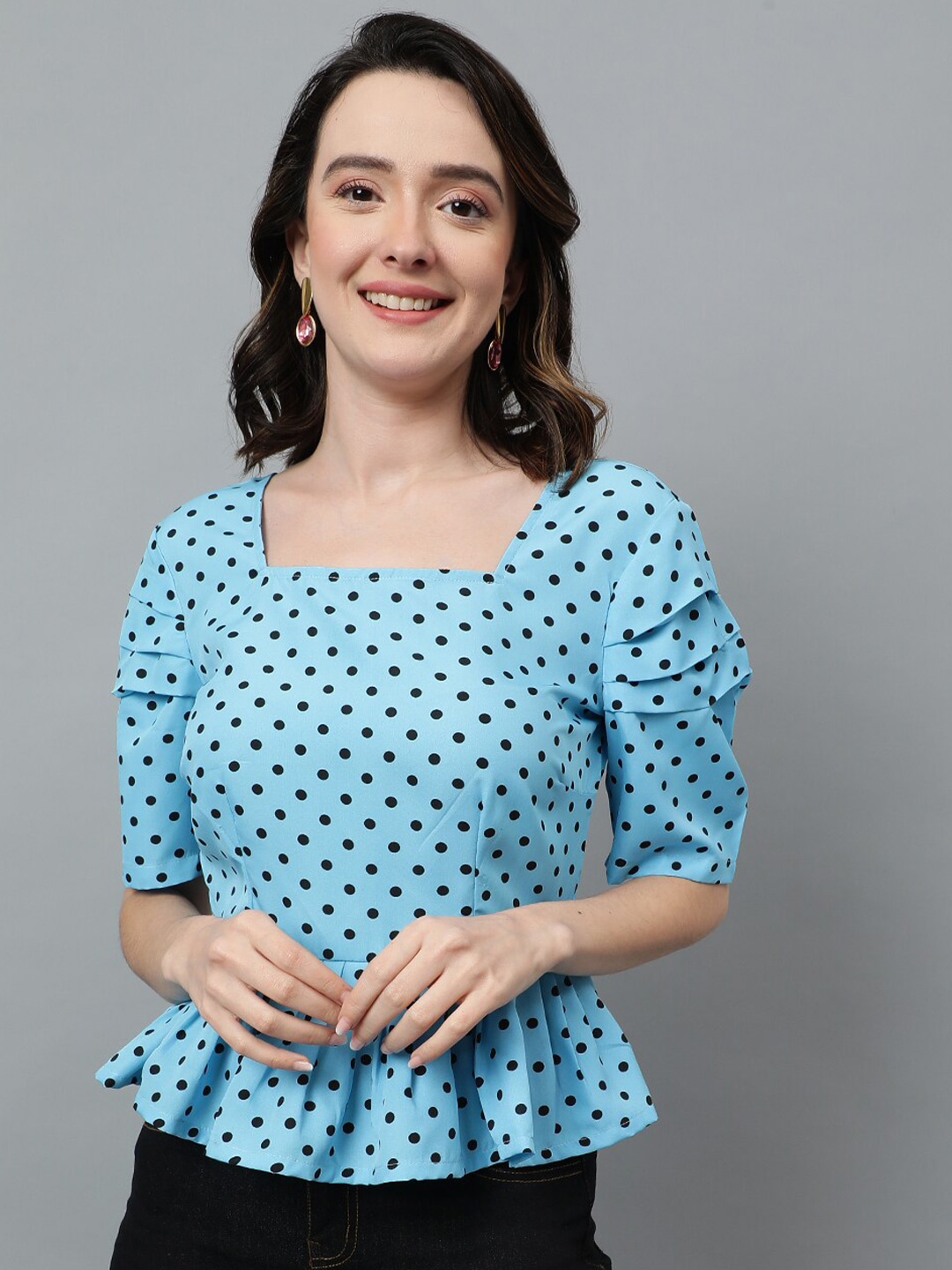 

Kotty Blue Polka Dot Printed Crepe Peplum Top