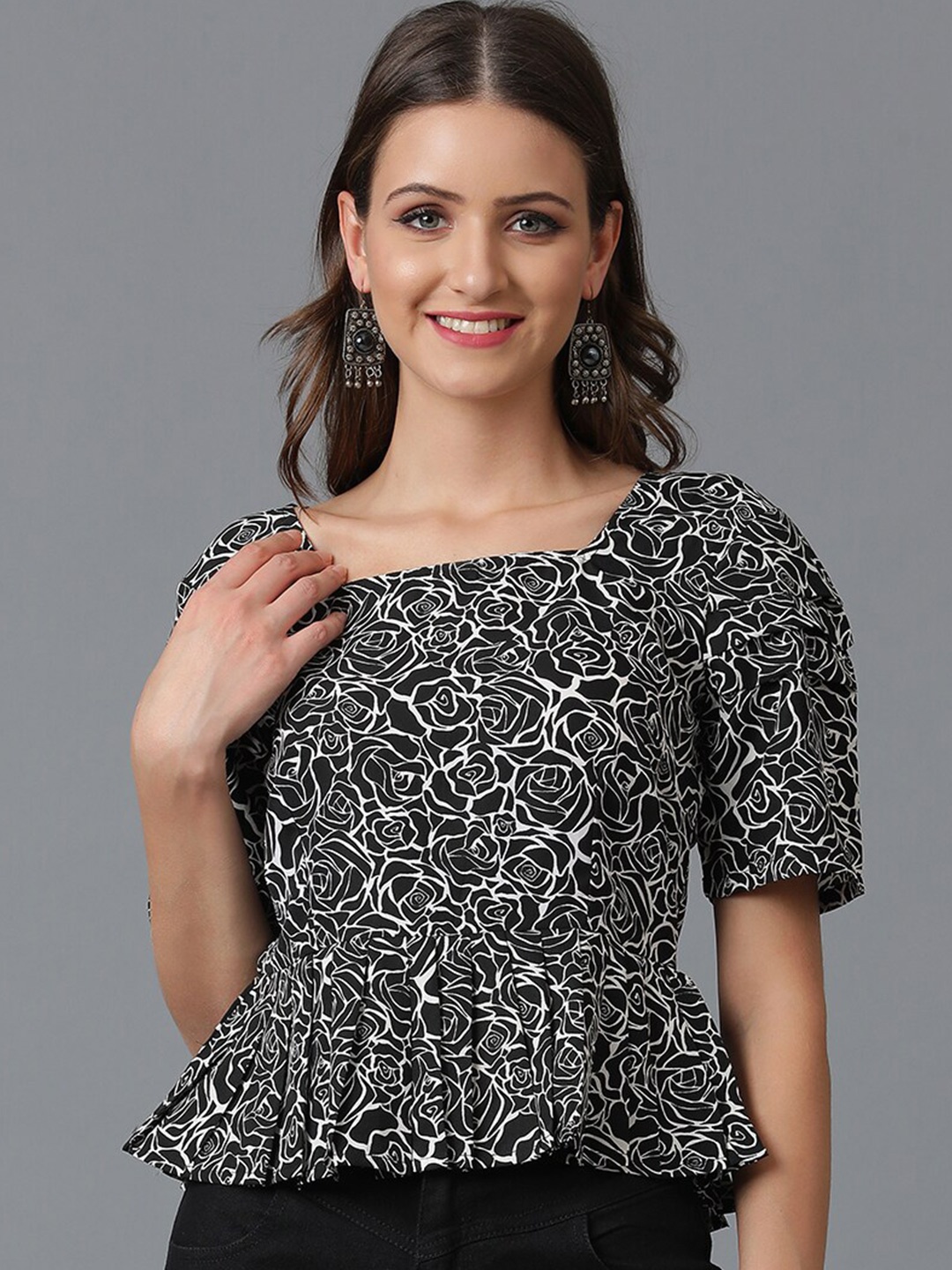 

Kotty Black Floral Printed Puff Sleeve Crepe Peplum Top