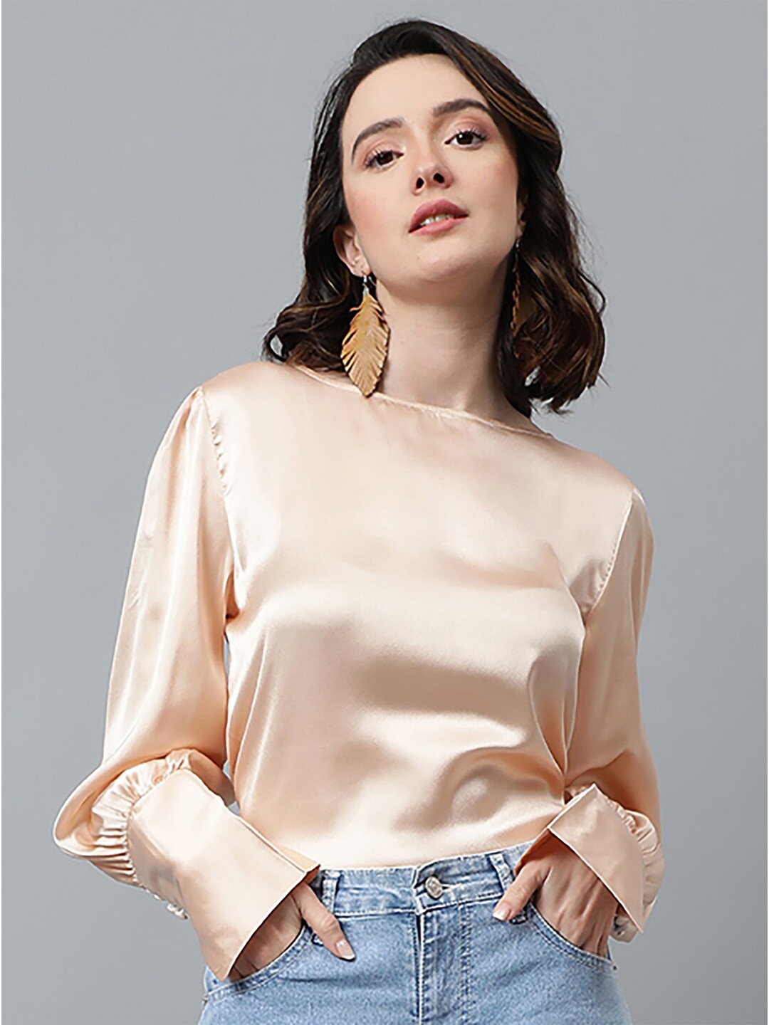 

KOTTY BIZwear Beige Cuffed Sleeve Satin Top