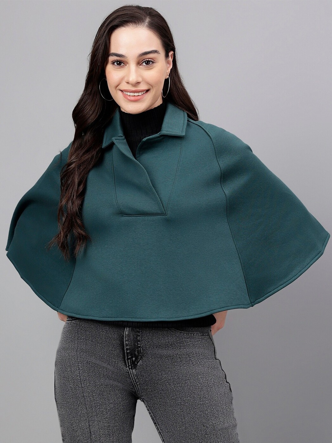 

Xpose Shirt Collar Woolen Crop Poncho Sweater, Green